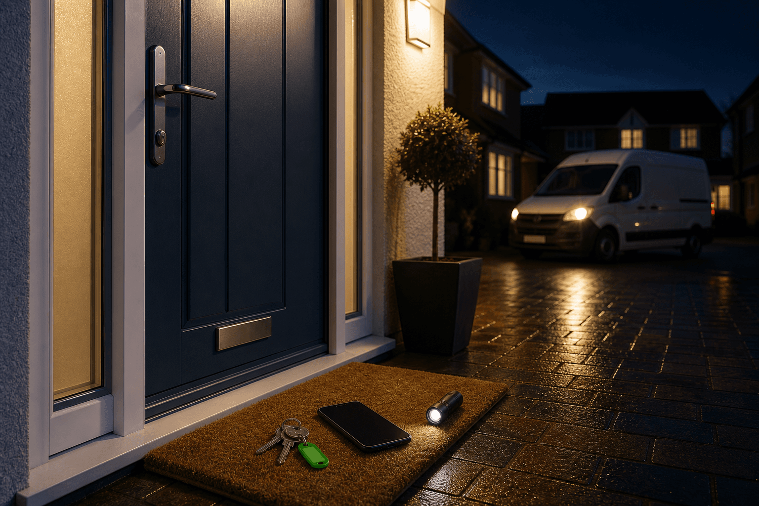Night emergency locksmith callout scene with keys, phone and lit front door
