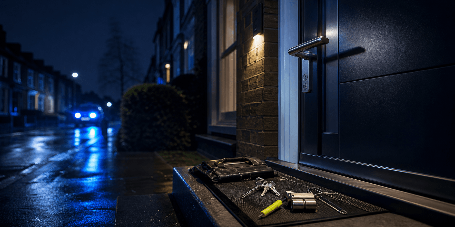 Emergency locksmith service scene with secure front door, keys and van lights at night