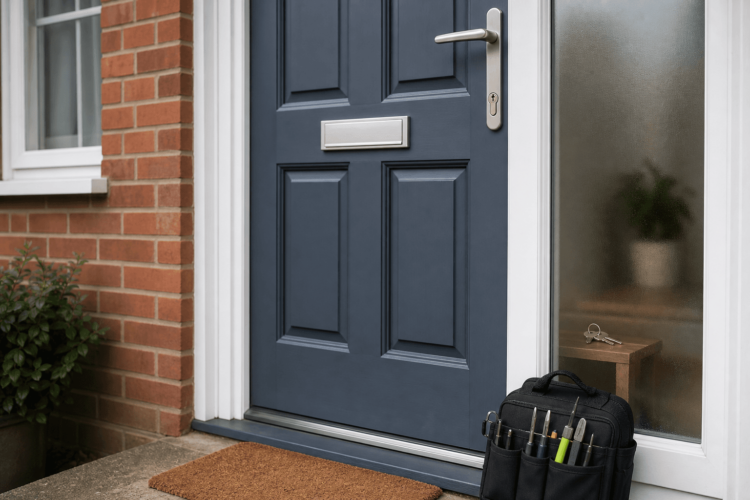 Locked front door with keys inside and locksmith support bag outside